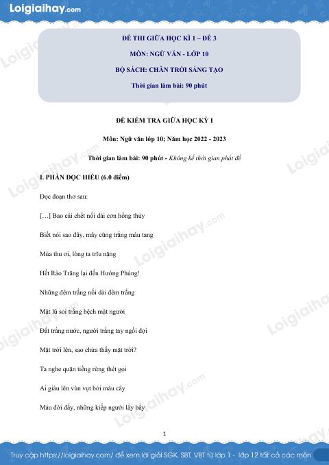 Đề thi giữa kì 1 Văn 10 Chân trời sáng tạo - Đề số 3
